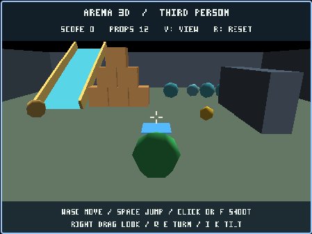 Arena 3D physics playground with stacked boxes, balls, and a slide.
