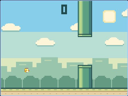 Flappy Bird flying between green pipes against a blue sky.