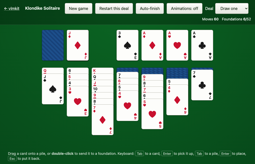 Klondike solitaire mid-game, 60 moves in, with six cards on the foundations