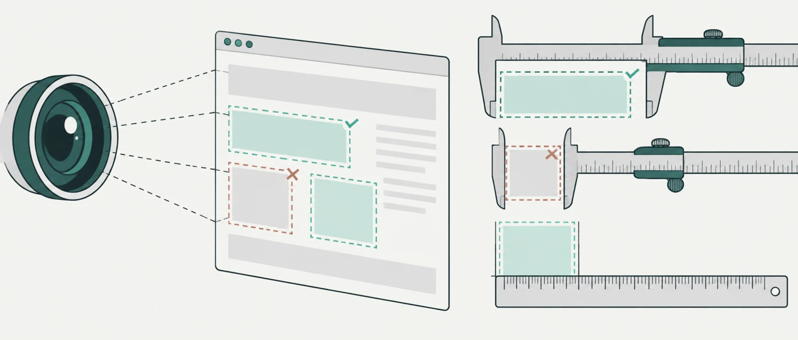 A lens casts dashed boxes onto a web page as proposals; a caliper and a ruler measure the same boxes, passing one and failing another.